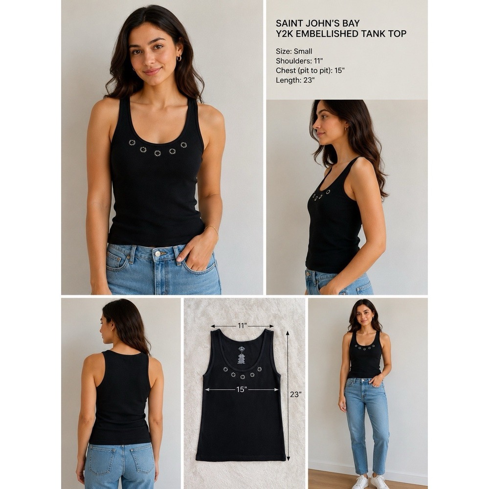 St Johns Bay Black Y2K Ribbed Embellished Tank Top Sz S Goth Grunge Rocker Edgy
